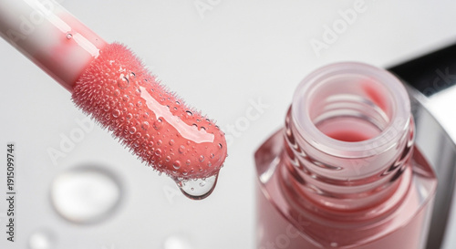 Pink lip gloss applicator with droplets on bristles and bottle