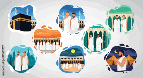 Diverse illustrations of people in traditional attire gathered around sacred sites and rituals, depicting a serene and spiritual atmosphere