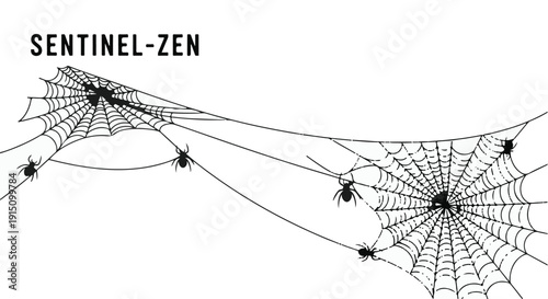Spiders in intricate cobwebs crawling on white background with black lines and shapes, eerie mysterious illustration for Halloween or horror concept