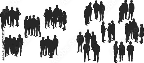 Business people silhouettes groups, standing and talking human crowd scenes, professional teamwork social interaction icons isolated on white background