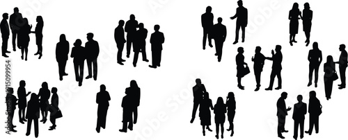 Business people silhouettes set, standing walking and talking groups, corporate teamwork social interaction scenes isolated on white background