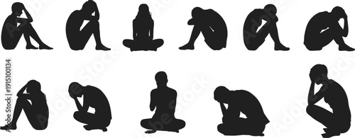 Depressed people silhouettes set, sad human sitting poses, mental health stress emotion concepts, loneliness and anxiety figures isolated on white background