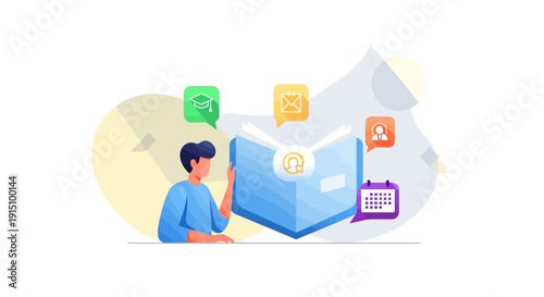 Education concepts and online learning icons in digital book illustration