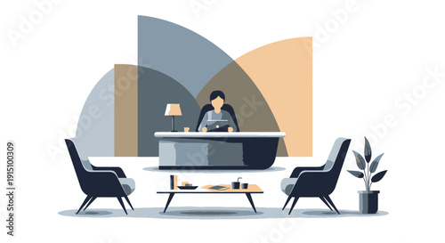 Office interior design with a manager at a desk and two armchairs around a coffee table
