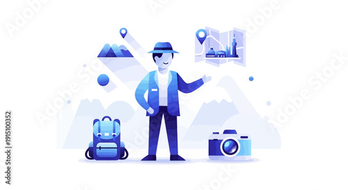 Traveler with backpack and camera, planning a trip to scenic mountains