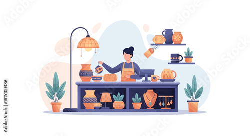 Ceramic shop owner arranging display of pottery, vases, and jewelry on shelves