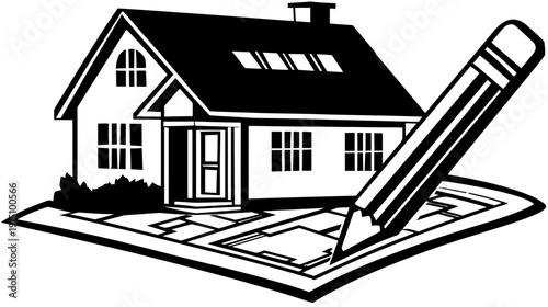 A black and white illustration of a house with a pencil overlaying blueprints on a white background