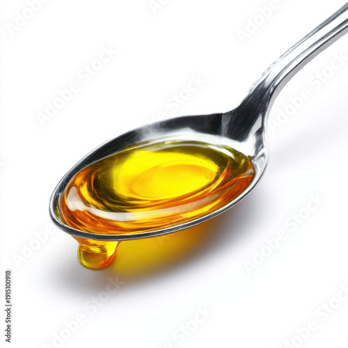 A spoonful of golden honey being lifted from a glass jar