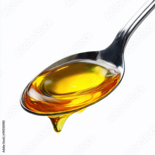 Spoonful of golden honey dripping slowly onto a white background