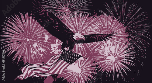 Vector illustration of a bald eagle soaring with American flag and pink fireworks on a dark background