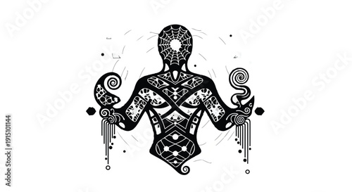 Intricate black and white illustration of a mystical human figure with ornate patterns and swirls, symbolizing spiritual connection and wellness