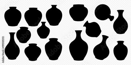 Set of black silhouettes of various pottery vases and pots on a transparent background.