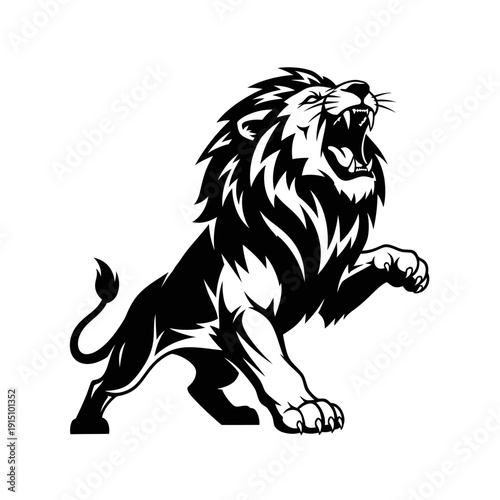 Fierce lion roaring with majestic mane in dynamic pose