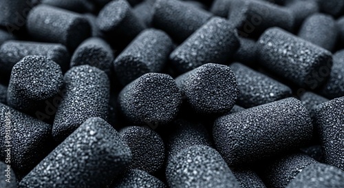 A detailed macro shot captures a dense pile of dark, cylindrical pellets, likely activated carbon granules, showcasing their rough, textured surface and deep contrast.