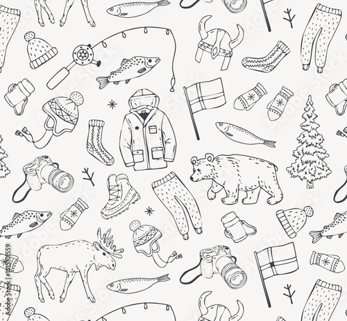 Seamless pattern with Nordic winter travel elements, coat, hat, socks, boots, camera, fish, elk, bear, trees and flag, hand drawn black and white line art vector on light background for textile, wrapp