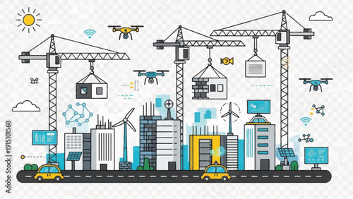 Future Smart City Construction Site: Digital Transformation, IoT, Drones, and Modular Building Technology. Line Art Doodle Illustration.