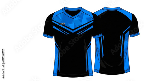 Black and blue sports jersey mockup front and back view on white background