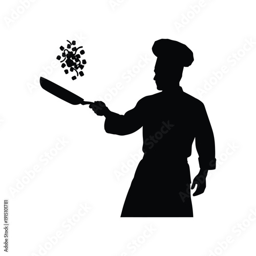 Chef Silhouette Tossing Food in Frying Pan cooking