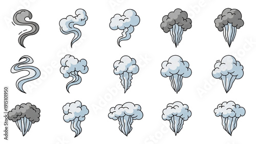 Tornadoes forming from clouds in various stages of development illustrated in a grid
