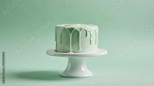 Small cake with pastel green icing on a white stand against a green backdrop