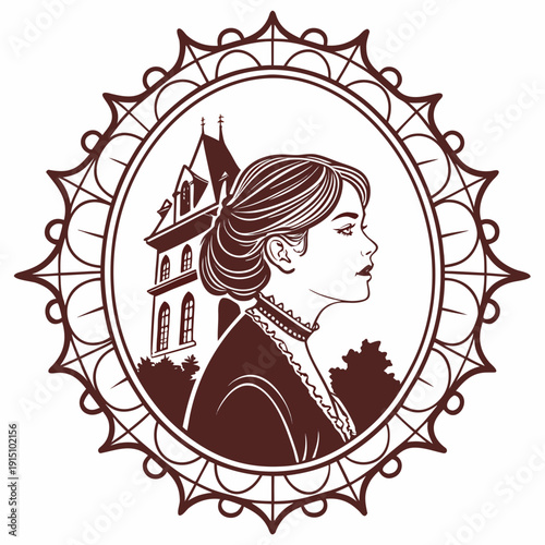 Woman with Updo Looking at Gothic Church in Ornate Circular Frame profile spires