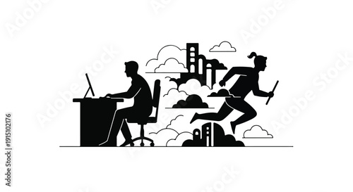 Businessman working on laptop with chaotic cityscape and running silhouette in background, representing stress and deadline