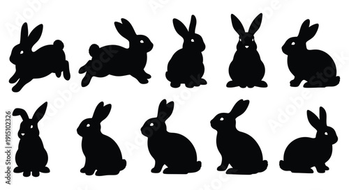 Collection of black rabbit silhouettes in different poses
