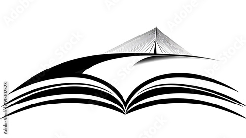 Stylized black and white image. Depicts a bridge over an open book illustration. Clean lines and modern design
