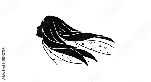 Black silhouette of woman with long hair and stars