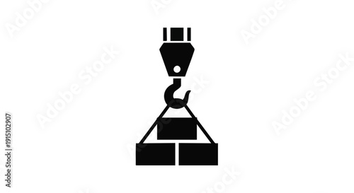 Construction Crane Hook Lifting Block Silhouette Icon on White Background