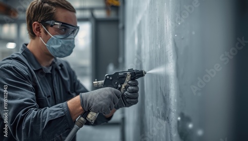 Wallpaper Mural Worker using an airless spray gun to paint a steel structure for rust and corrosion protection Torontodigital.ca