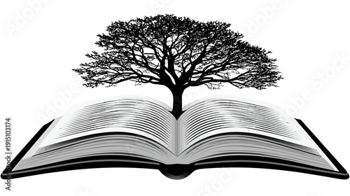 A black and white illustration of an open book with a tree growing out of it on a white background