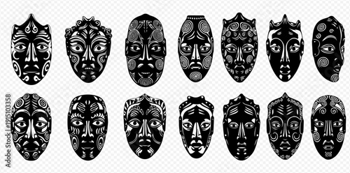 Collection of traditional tribal masks with intricate patterns, representing ancient cultures and spiritual symbols in black and white vector art.