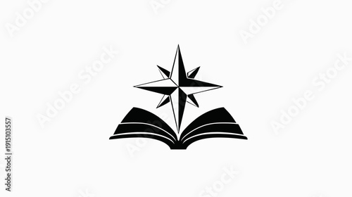 A stylized black and white illustration of an open book with a star symbol rising from it
