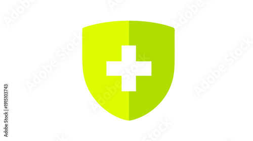 A medical cross icon inside a shield, created using a bright green and yellow gradient