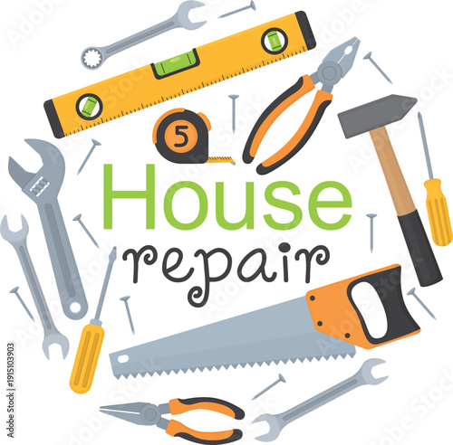 Construction and repair hand tools in circle form and with inscription. Round banner with pliers, tape measure, saw, hammer, wrenches, screwdrivers, nails 