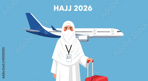 Pilgrim in white Ihram attire traveling to Hajj with luggage and airplane in the background