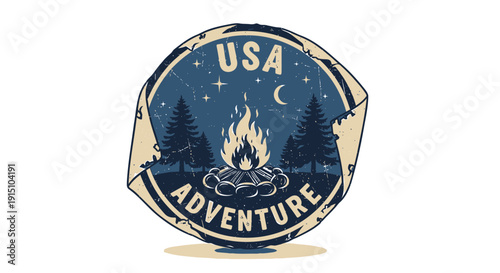 Vintage distressed vector badge with campfire and trees isolated on transparent background