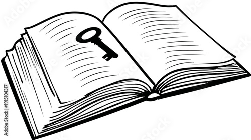 Open book with key.  Black and white line art depicting an open book with a key laid across the pages