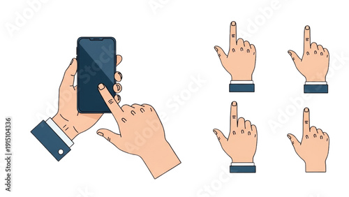 Hands holding smartphone and gesturing with fingers in various positions illustrated