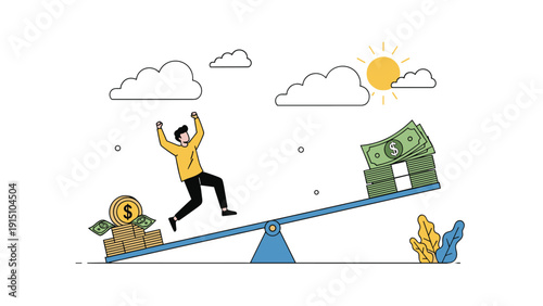 Successful man balancing on a seesaw with a large pile of money against a bright sunny sky with clouds.