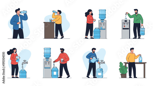 Diverse people using office water dispensers and large bottles to stay hydrated throughout the working day.