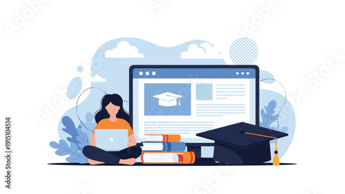 Diligent student sitting and studying with a laptop, books, and a graduation cap in front of a large computer screen.