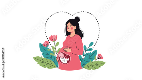 Beautiful pregnant woman with a baby in her womb surrounded by flowers and a heart symbol representing maternal love.