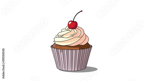 Delicious chocolate cupcake with swirls of creamy frosting and a bright red cherry on top over a white background.