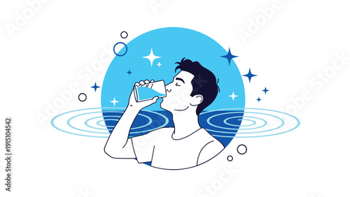 Healthy man drinking a glass of fresh water in a blue circular frame with stars and water ripple patterns.