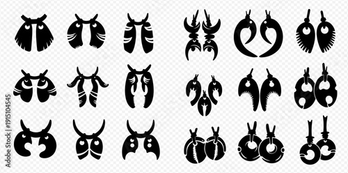 Set of black and white abstract tribal mask and animal head icons on a transparent background.