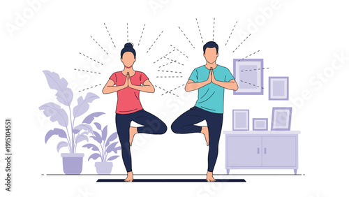 Calm man and woman practicing yoga tree pose together in a cozy living room decorated with plants and pictures.