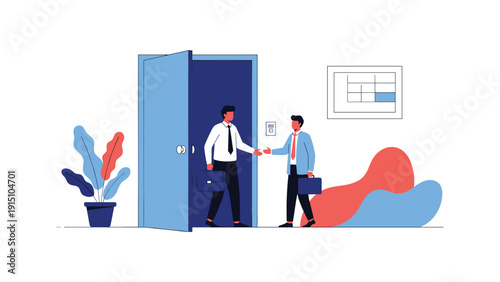 Two professional businessmen shaking hands as one walks through a large open blue door into a dark room representing a new job or business opportunity.