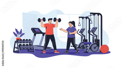 Man and woman training together in a modern gym using dumbbells, treadmills, and weight machines for fitness, health, and athletic body building goals.